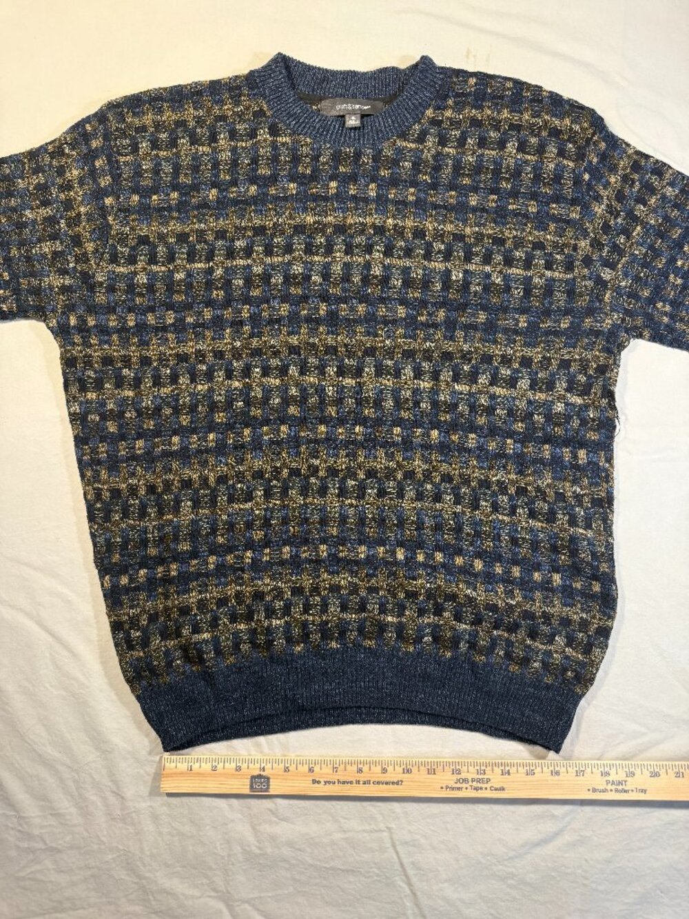 Croft & Barrow Mens XL Blue Gold Textured Grid Crewneck Sweater Holiday Gift